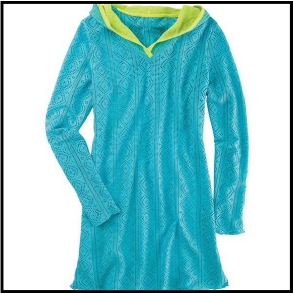 EUC Title Nine Amphib Hooded Tunic Coverup L Blue Green Perforated Mini Dress - Picture 1 of 7